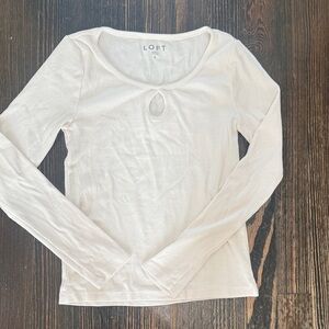 LOFT Cream Long-Sleeve Scoop Neck Top with Front Keyhole